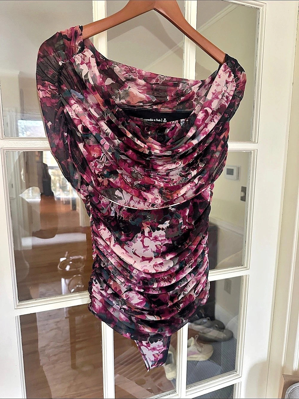Abercrombie & Fitch Mesh Foldover Bodysuit Floral Pink & Black Medium